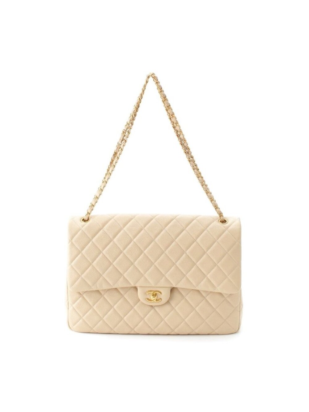 Chanel Jumbo Quilted Grain Calf Caviar Leather Chain Shoulder Bag Beige